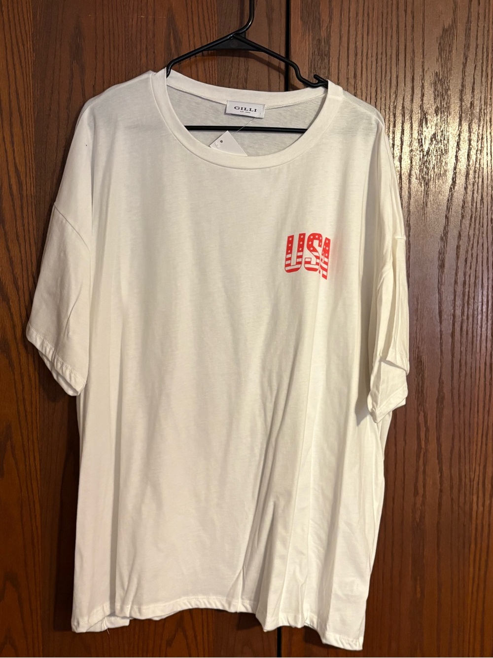 Gilli White Short-Sleeve Tee with Red USA Logo-2X great for July 4
